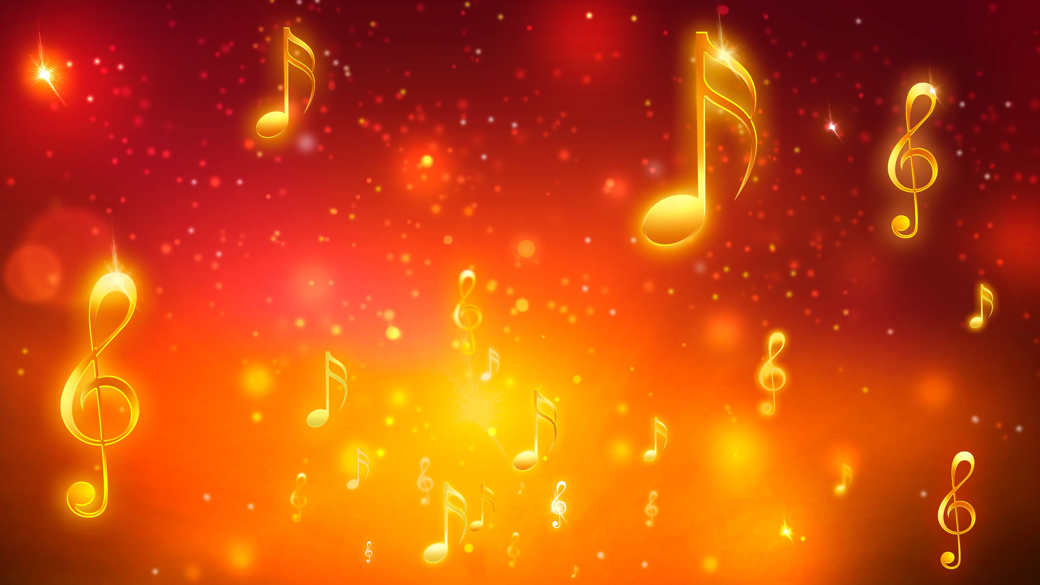 Music themed background with yellow-orange colored notes and treble icons spread around in varying sizes, showing depth in the image.
